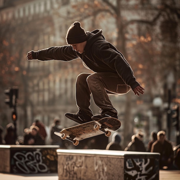 a man is jumping over a block of graffiti on a skateboard