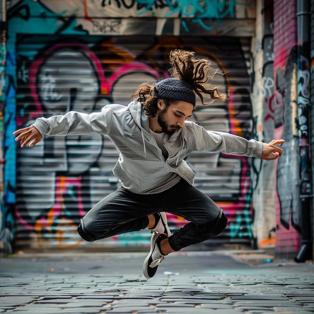 a man is jumping in front of a graffiti covered garage door