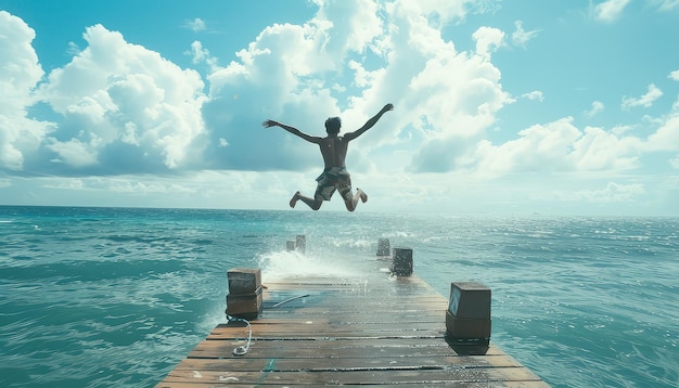 Photo a man is jumping into the ocean from a pier