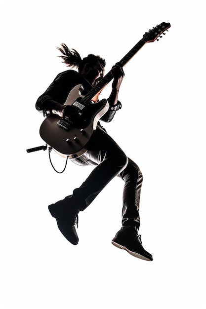 Мужчина прыгает с гитарой в воздухе.