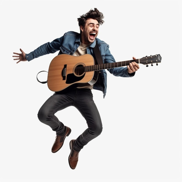 A man is jumping with a guitar and wearing a jacket
