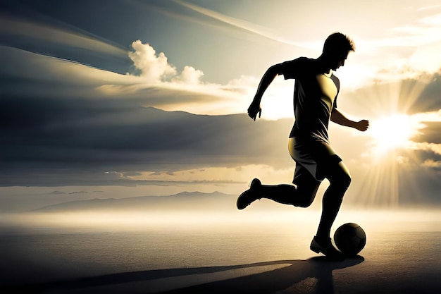 A man is kicking a soccer ball in front of a sunset.