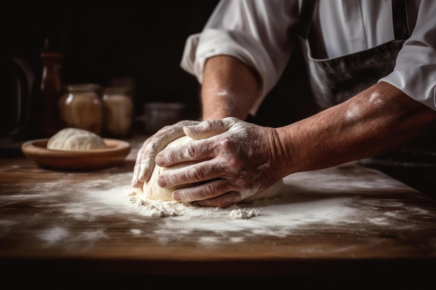 A man is kneading dough on a wooden table