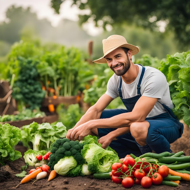 Photo a man is kneeling in the dirt with vegetables