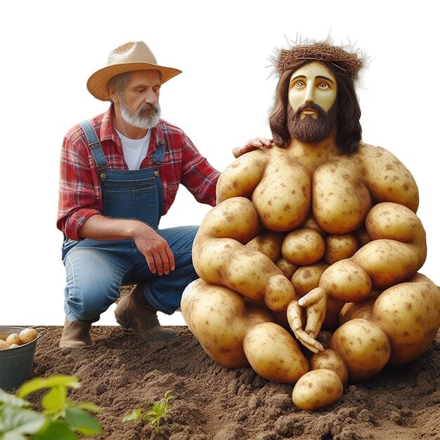 a man is kneeling next to potatoes that has a face on it