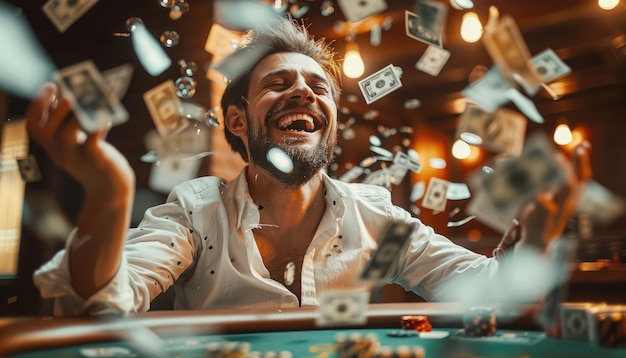 Photo a man is laughing and throwing money in the air