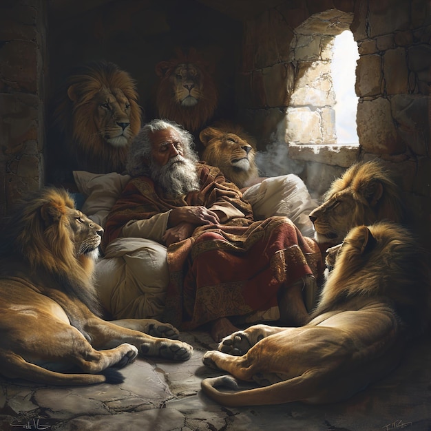 Photo a man is laying in a bed with lions and lions