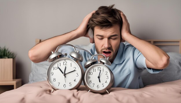 Photo a man is laying in bed with two clocks that say  11  00