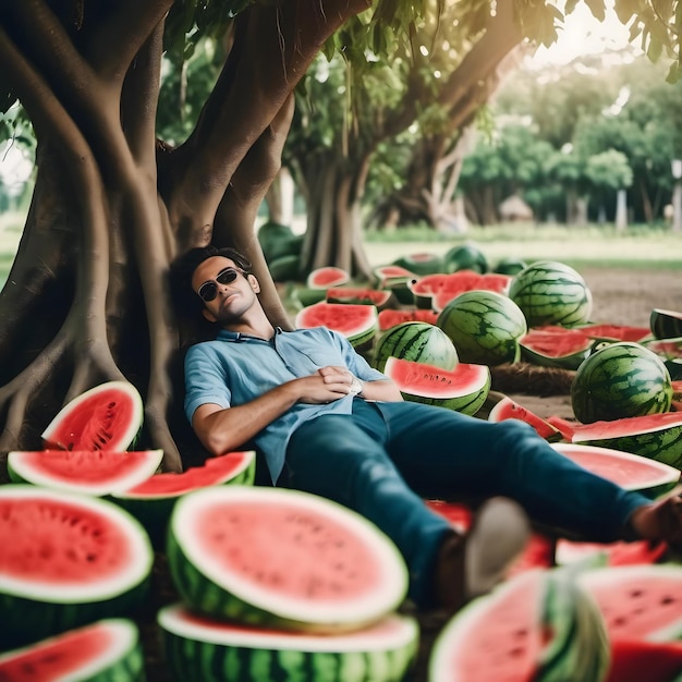 Foto un uomo è sdraiato in una sedia sotto un albero con melone d'acqua