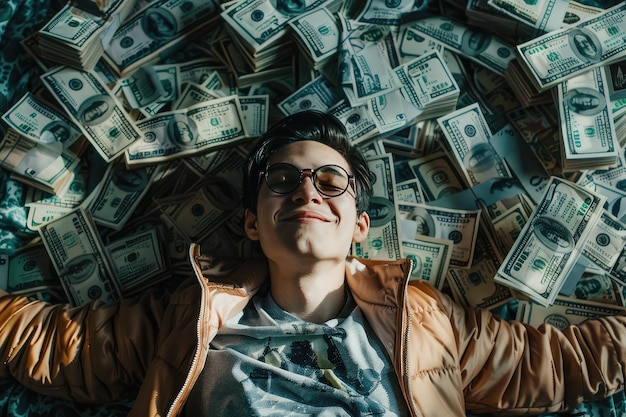 Photo a man is laying in a pile of money with a shirt that says quot dollar quot on it