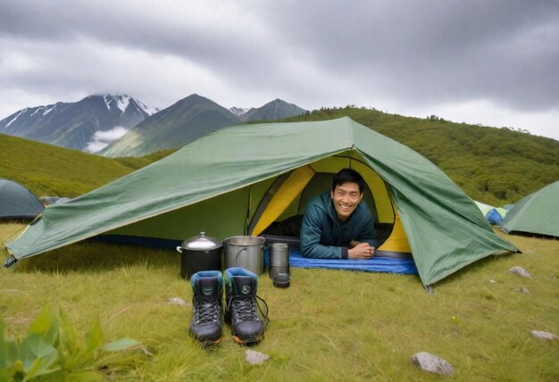 a man is laying in a tent with a mountain in the background