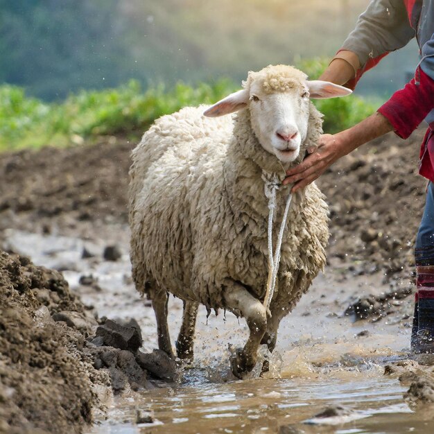 Photo a man is leading a sheep through a muddy puddle