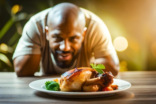 a man is leaning over a plate of food with a chicken breast and broccoli