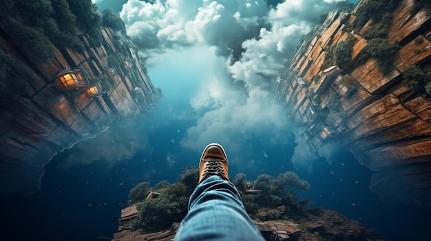 A man is looking at a cliff with a sky and clouds above him.