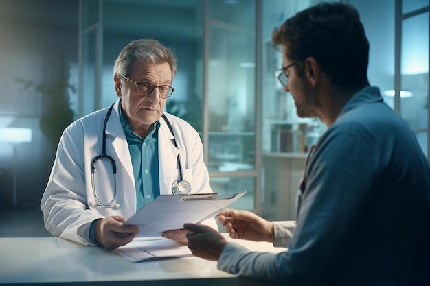 a man is looking at a clipboard with a man in a lab coat and a stethoscope.