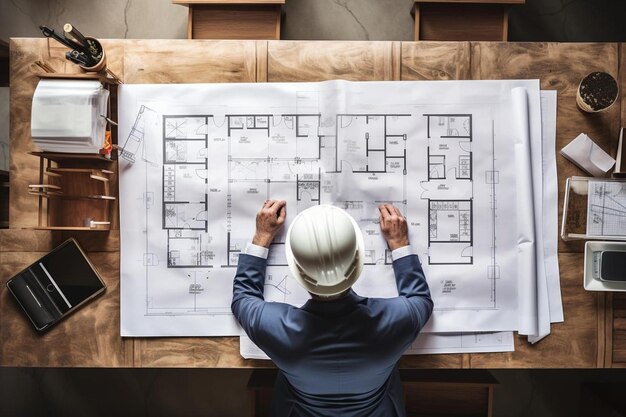 a man is looking at a drawing of a house that has a blue shirt on it