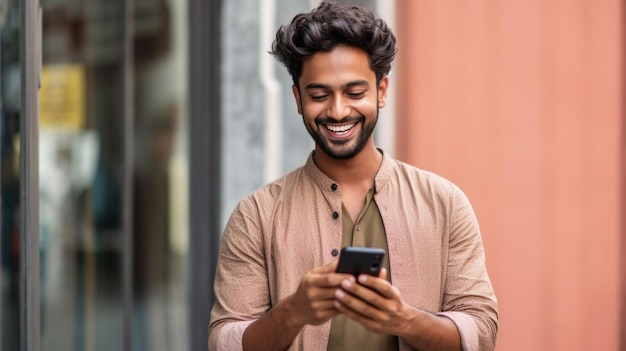 Photo a man is looking at his phone and smiling.