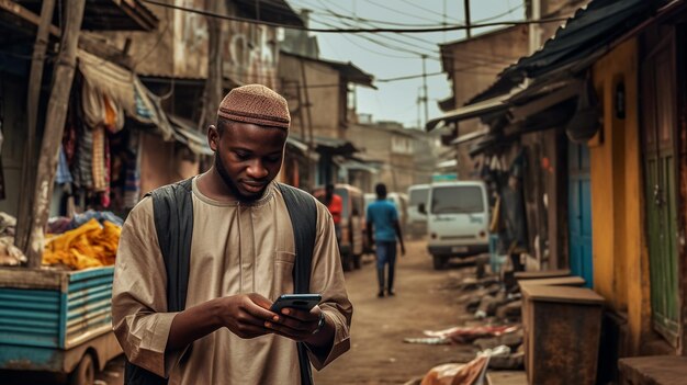 a man is looking at his phone while walking down a street