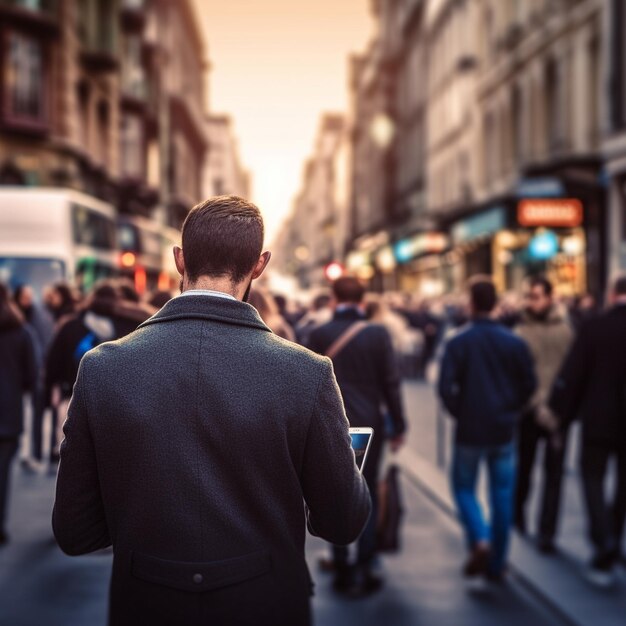 a man is looking at his phone while walking down a street