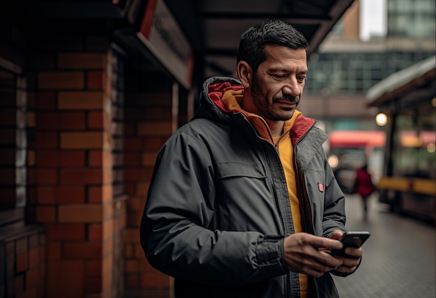 a man is looking at his phone while wearing a jacket