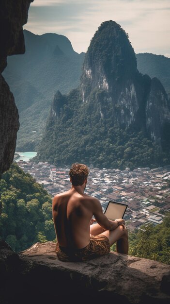 a man is looking at a laptop that is on a mountain