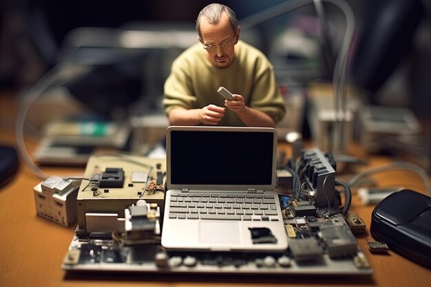 Photo a man is looking at a laptop with a key in the middle of it