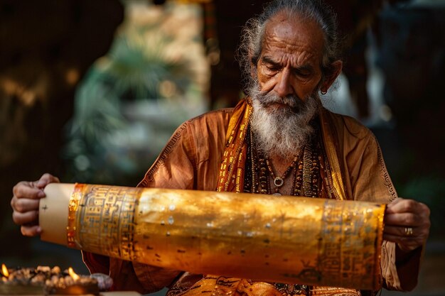 a man is looking at a large piece of bread