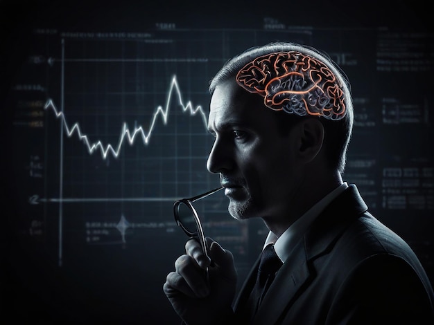 a man is looking at a magnifying glass with the brain drawn behind him