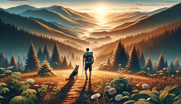 a man is looking at a mountain with a dog and a mountain in the background