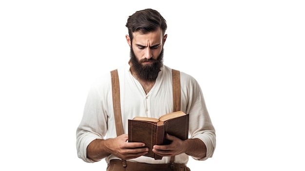 a man is looking at an old book in his hands