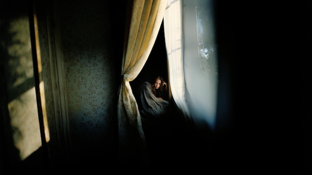 a man is looking out of a window with a curtain that says  he is sitting in a doorway