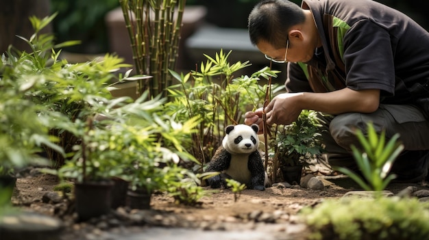 a man is looking at a panda bear in a garden.