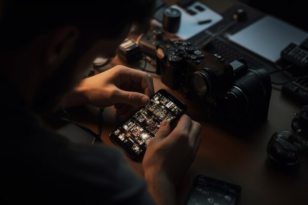 男性がカメラ付きの携帯電話を見ています。