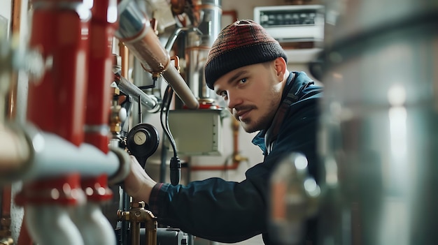 Photo a man is looking at a pipe that has the word  on it