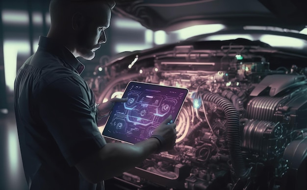 A man is looking at a tablet in a car engine.