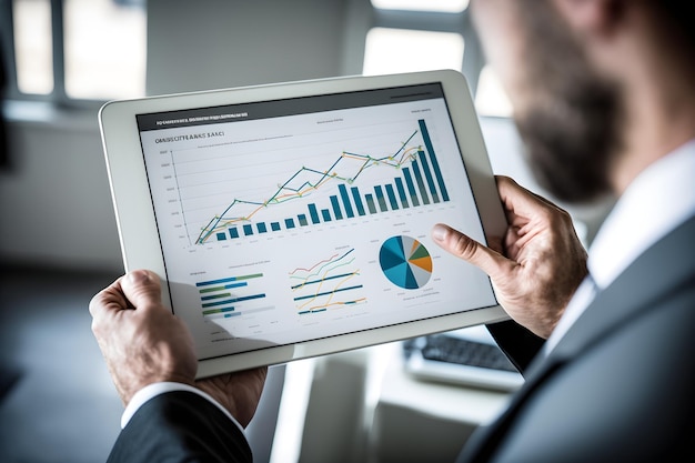 Photo a man is looking at a tablet with graphs on it.