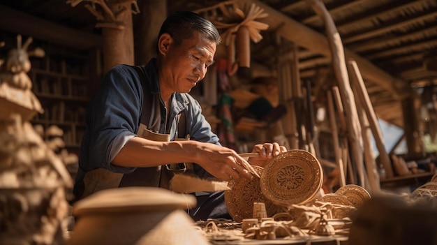 a man is making pottery with a hand on the front.