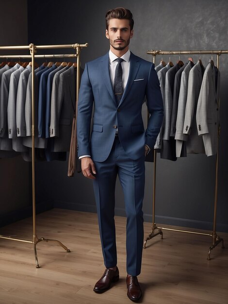 A man is modeling in a suit with a clothes rack behind him