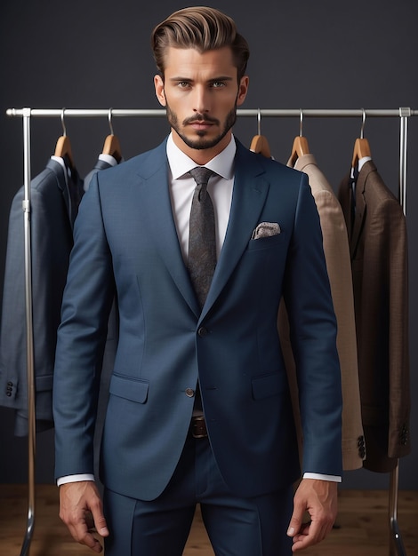 Premium AI Image | A man is modeling in a suit with a clothes rack ...