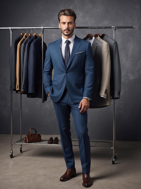 A man is modeling in a suit with a clothes rack behind him