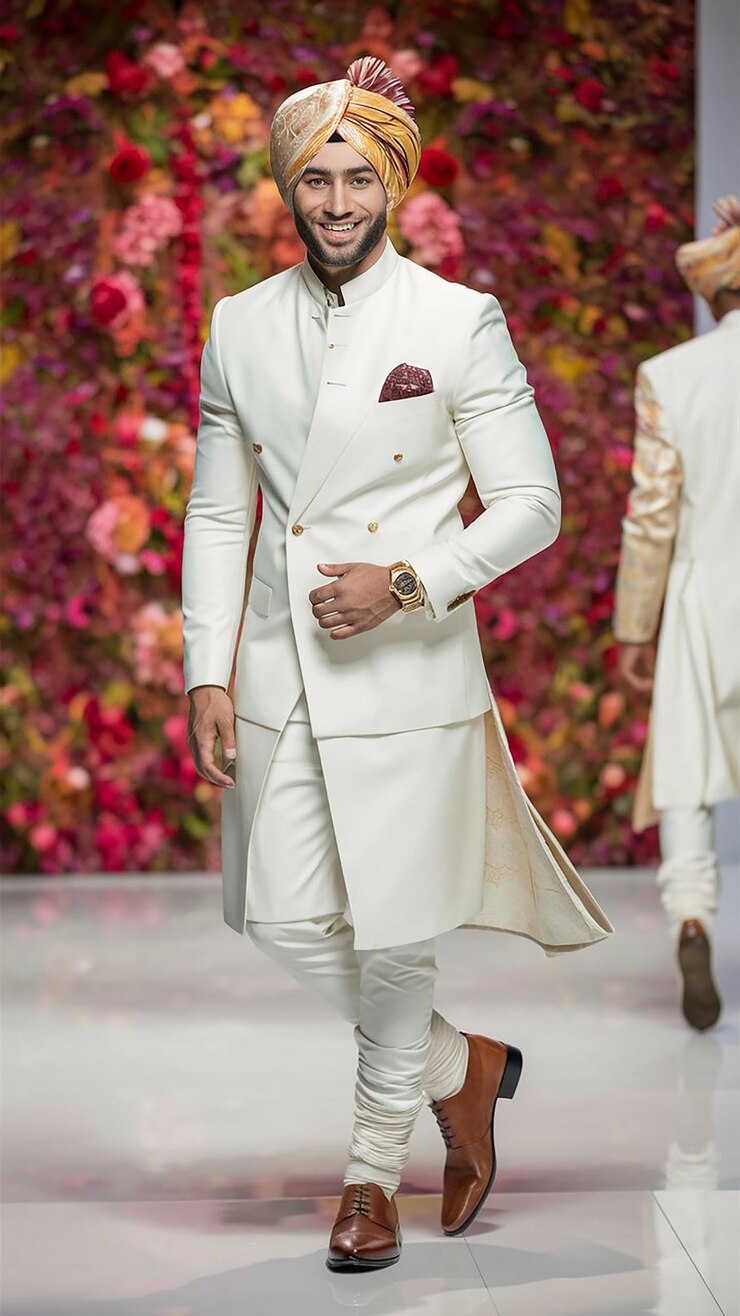 A man is modeling in white Punjabi