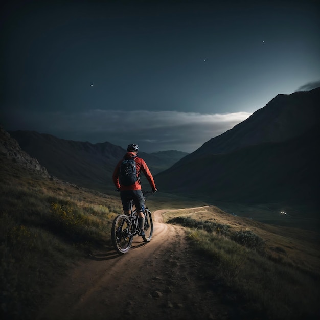 A man is mountain biking at night by himself ai generated