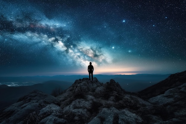 A man is on a mountaintop looking out at the stars and the universe