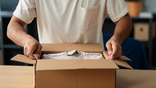 a man is opening a box with a shirt on it.