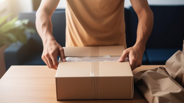 a man is opening a cardboard box with a knife on it.