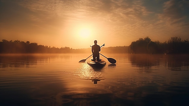 A man is paddle boarding on a lake with the sun setting behind himgenerative ai