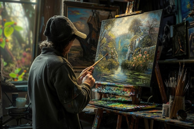 A man is painting a picture in an artists studio