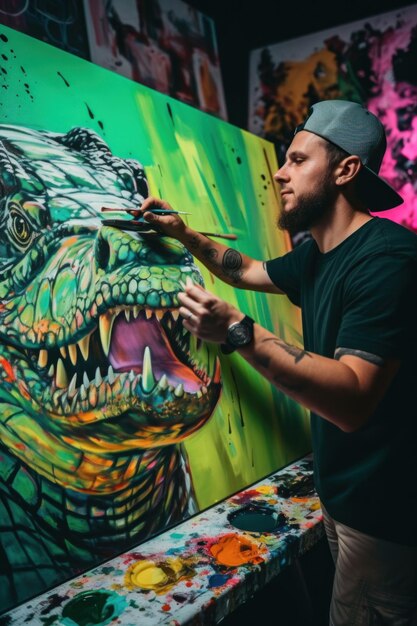 A man is painting a picture of a dinosaur Generative AI image