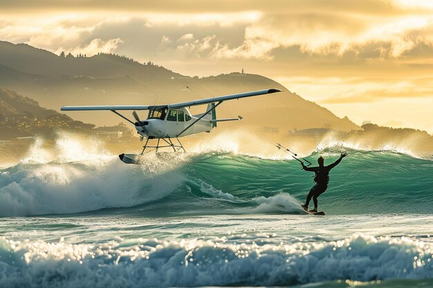 Photo a man is parasailing in the ocean with a plane in the background