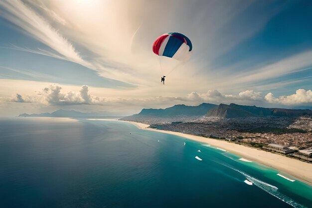 A man is parasailing over the ocean